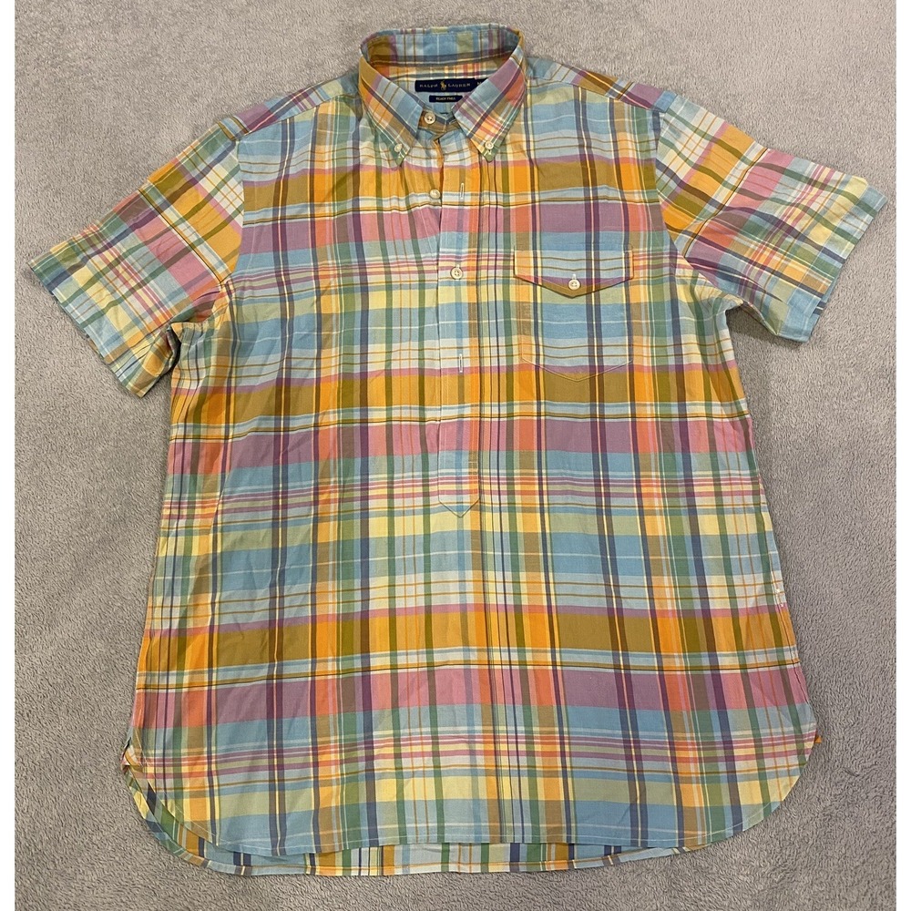 Ralph Lauren Short Sleeve Button Down Shirt Beach Twill Medium Pocket Plaid M